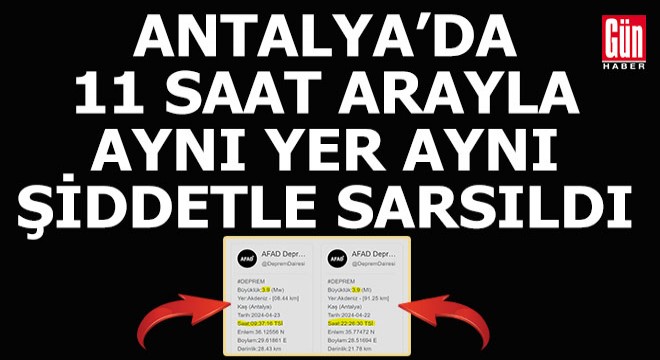Antalya'da 11 saat arayla aynı yerde aynı büyüklükte iki deprem