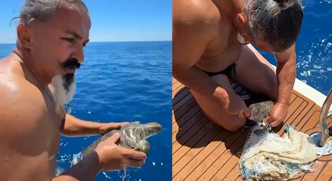 Antalya'da çuvala dolanan deniz kaplumbağası kurtarıldı