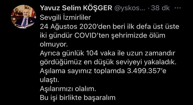 Vali paylaştı; Kentte iki gündür Kovid-19'dan ölüm yok