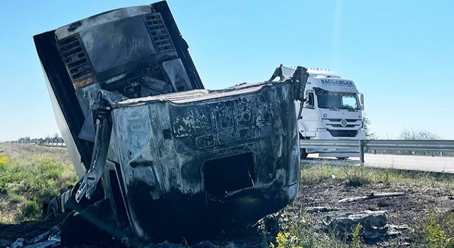 Yol kenarına devrilen TIR yandı